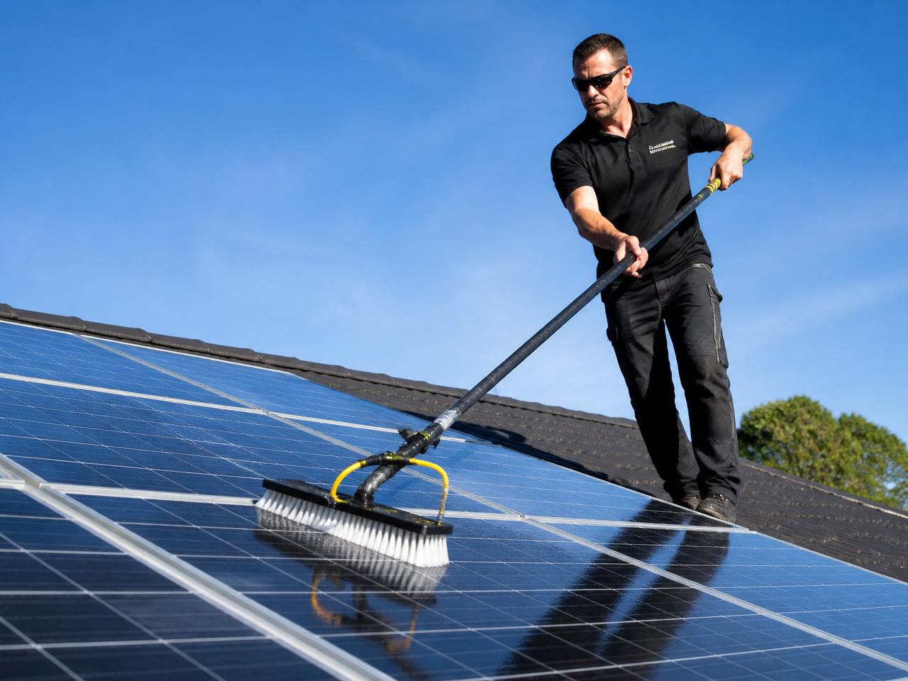 Mitarbeiter reinigt Photovoltaik-Module mit Wasserbürste